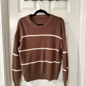 SHEIN Brown and Cream Striped Crew Neck Sweater